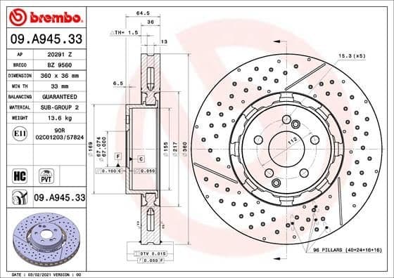 Brake Disc PRIME LINE - Dual Cast 09.A945.33