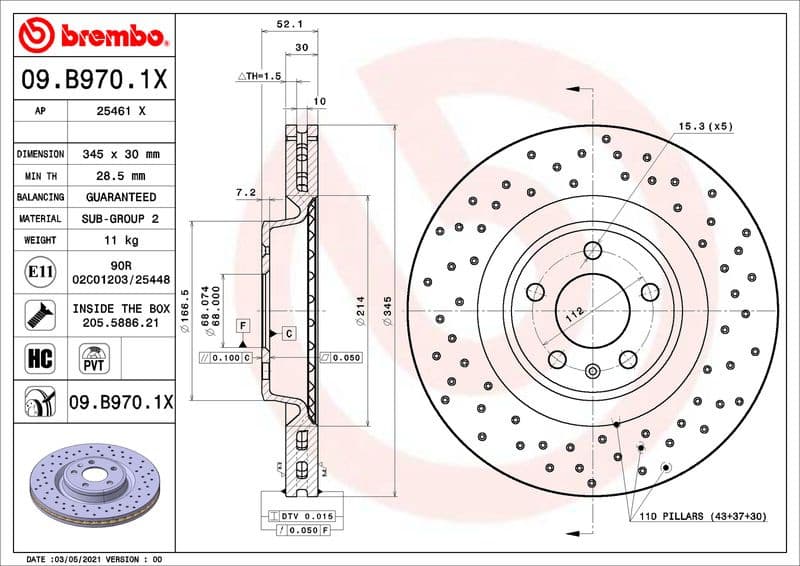 Brake disc, 1pcs FRONT, Top Quality 09.B970.1X
