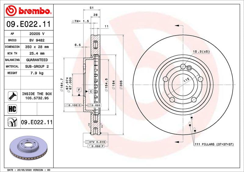 Brake discs kit front (2pcs), Top Quality 09.E022.11