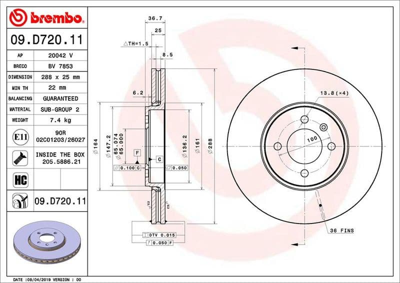 Brake Disc PRIME LINE - UV Coated 09.D720.11