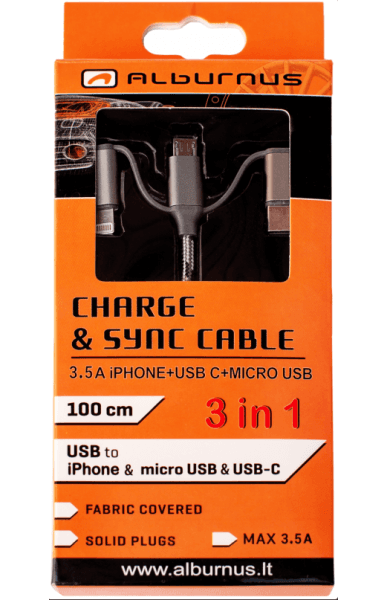 USB įkrovimo laidas su Apple, USB-C, MICRO USB jungtimis ALBURNUS