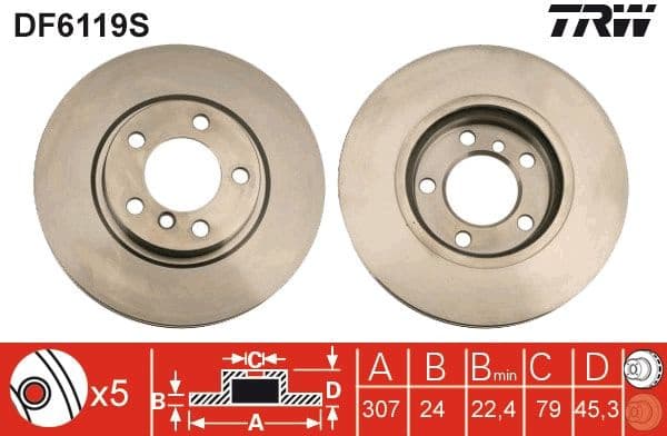 Brake Disc TRW SINGLE DF6119S - image 3