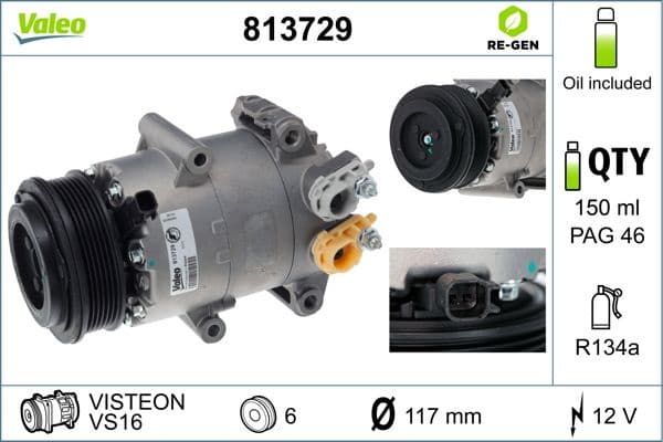 Compressor, air conditioning VALEO RE-GEN REMANUFACTURED 813729