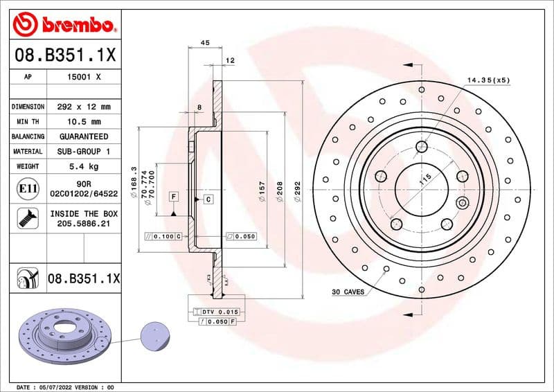 Brake Disc XTRA LINE - Xtra 08.B351.1X