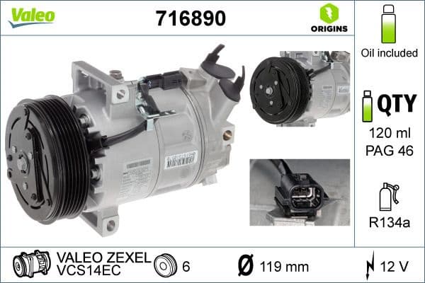 Compressor, air conditioning VALEO ORIGINS NEW OE TECHNOLOGY 716890