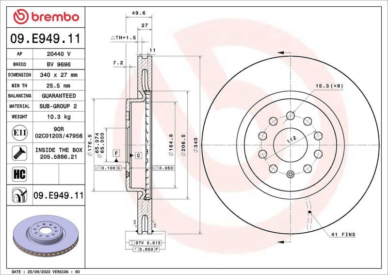Brake Disc PRIME LINE - UV Coated 09.E949.11