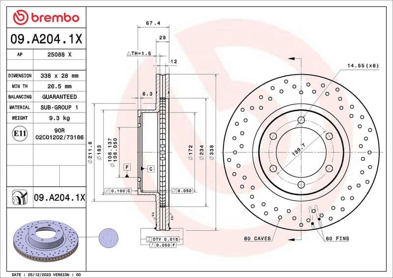 Brake Disc XTRA LINE - Xtra 09.A204.1X