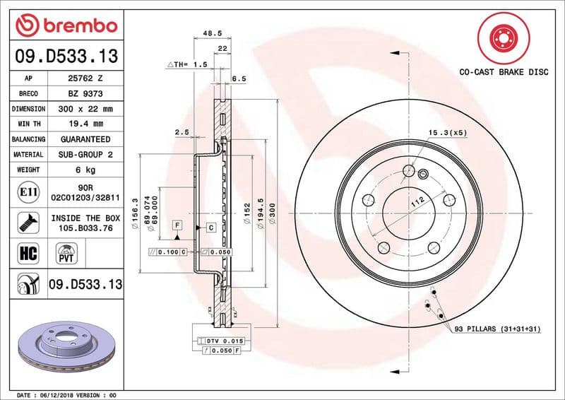 Brake discs kit rear, (2pcs), Top Quality 09.D533.13 - image 2