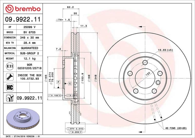 Brake disc, 1pcs FRONT, Top Quality 09.9922.11 - image 3