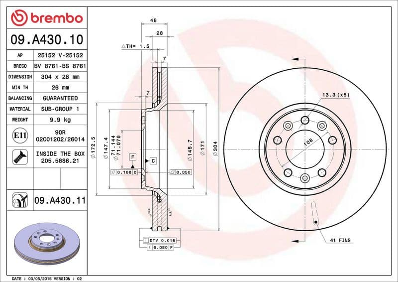 Brake disc, 1pcs FRONT, Top Quality 09.A430.11 - image 3