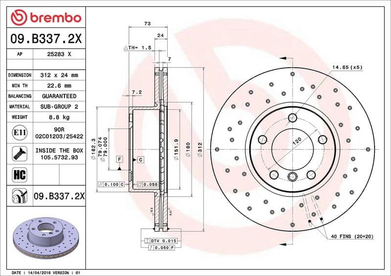Brake disc, 1pcs FRONT, Top Quality 09.B337.2X - image 3