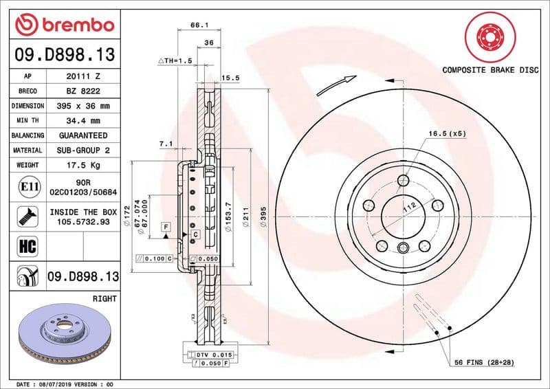 Brake disc, 1pcs FRONT, Top Quality 09.D898.13 - image 3