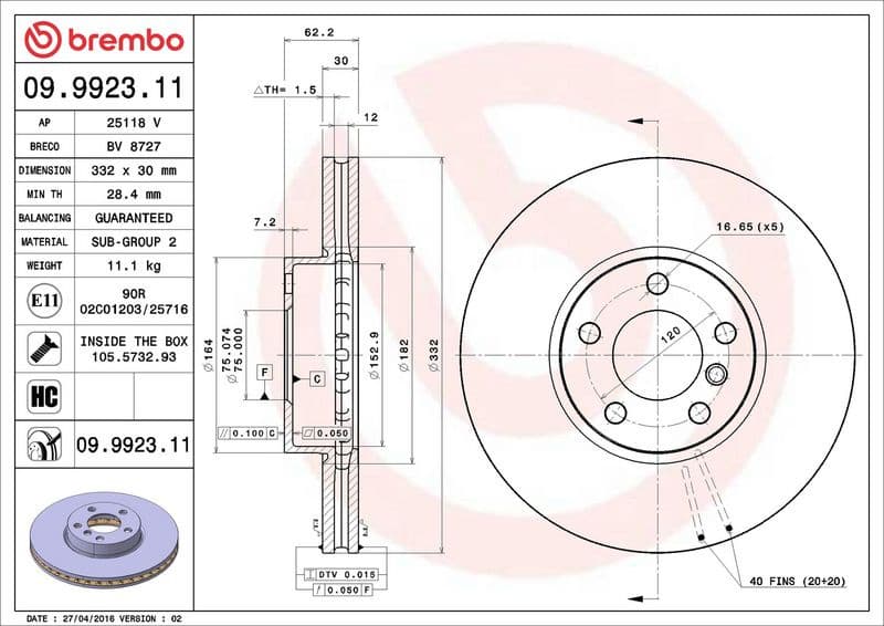 Brake disc, 1pcs FRONT, Top Quality 09.9923.11 - image 3