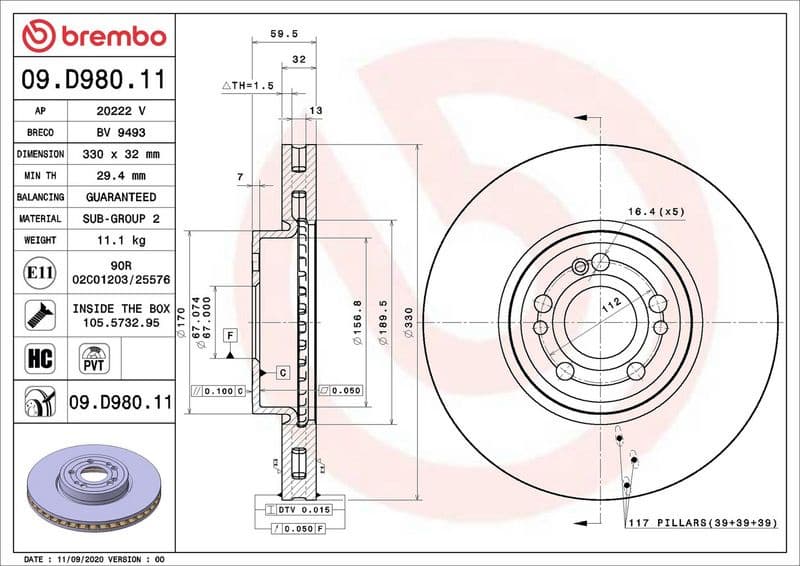 Brake Disc PRIME LINE - UV Coated 09.D980.11