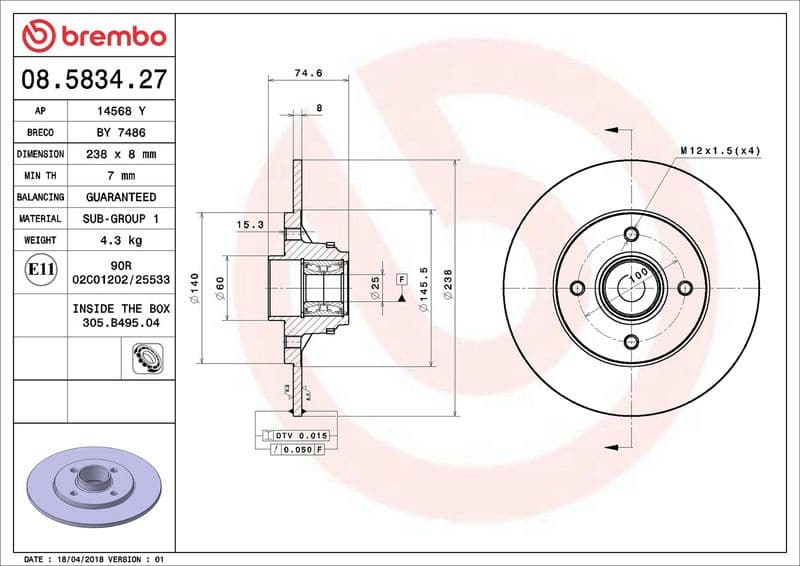 Brake Disc PRIME LINE - With Bearing Kit 08.5834.27 - image 3