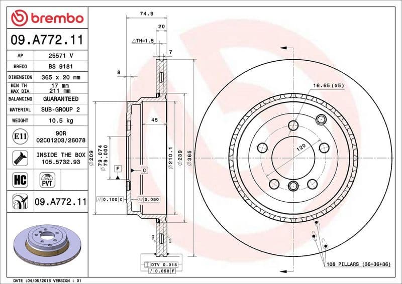 Brake disc, 1pcs REAR, Top Quality 09.A772.11 - image 3