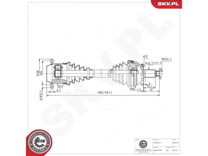 Drive Shaft 40SKV148