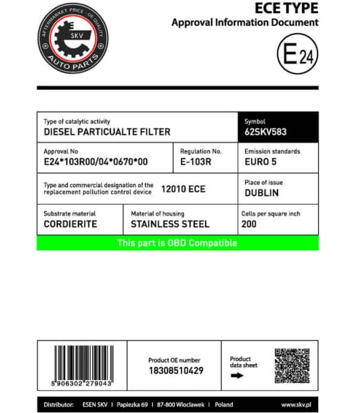 Soot/Particulate Filter, exhaust system 62SKV583