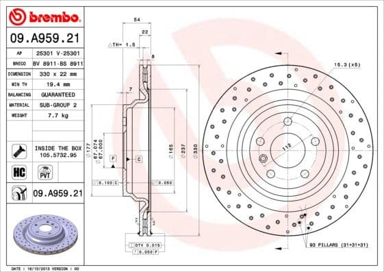 Brake discs kit rear, (2pcs), Top Quality 09.A959.21