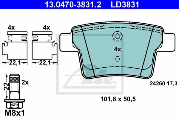 Brake Pad Set, disc brake ATE Ceramic 13.0470-3831.2