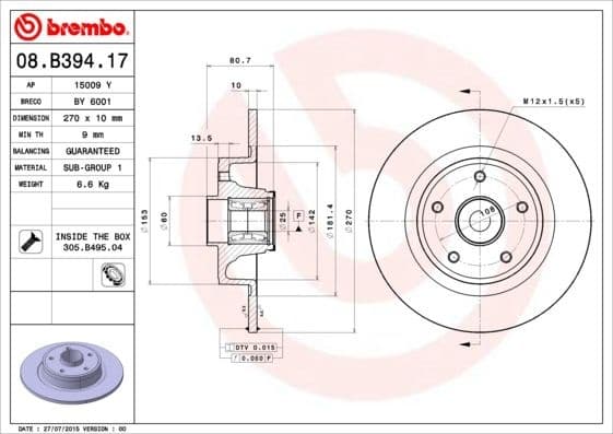 Brake Disc PRIME LINE - With Bearing Kit 08.B394.17