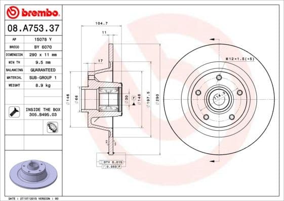 Brake Disc PRIME LINE - With Bearing Kit 08.A753.37
