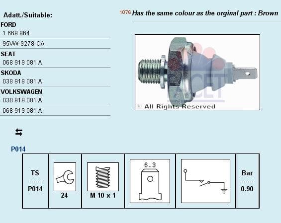 Oil Pressure Switch Made in Italy - OE Equivalent 7.0095