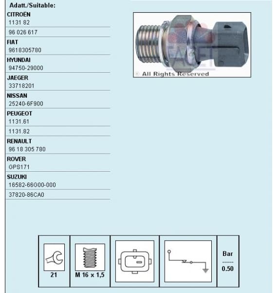 Sensor oil pressure light 7.0116