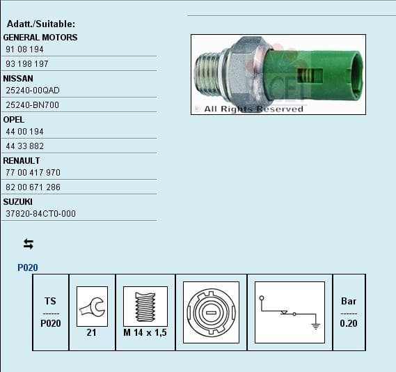 Sensor oil pressure light 7.0131