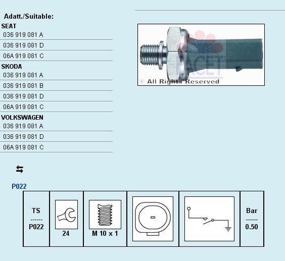 Sensor oil pressure light 7.0139