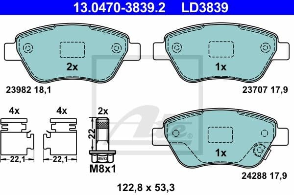 Brake Pad Set, disc brake ATE Ceramic 13.0470-3839.2