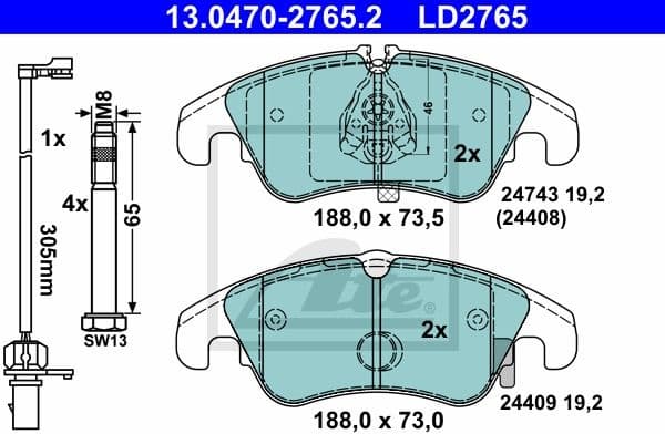 Brake Pad Set, disc brake ATE Ceramic 13.0470-2765.2