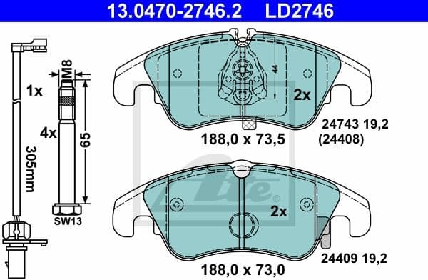 Brake Pad Set, disc brake ATE Ceramic 13.0470-2746.2