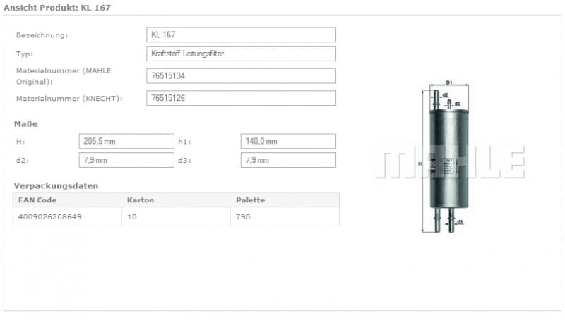 Filter diesel fuel KL167
