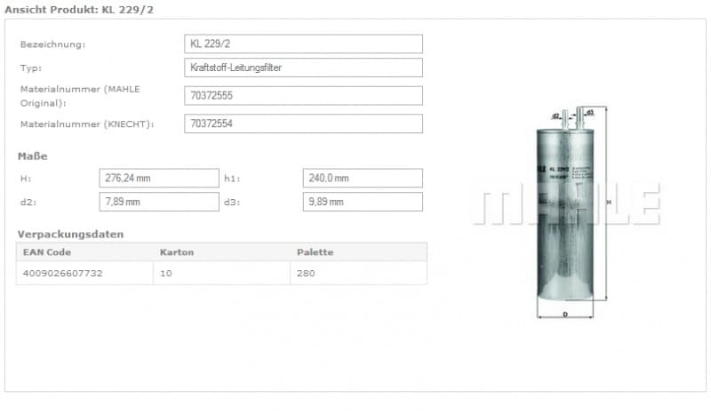 Filter diesel fuel KL229/5