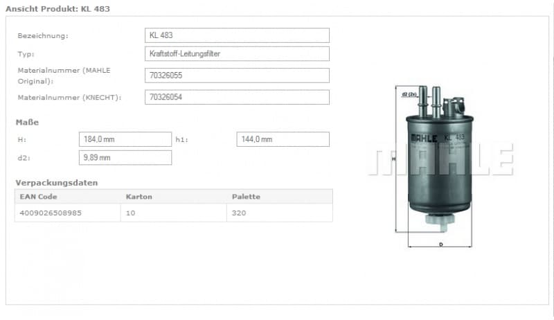 Filter diesel fuel KL483