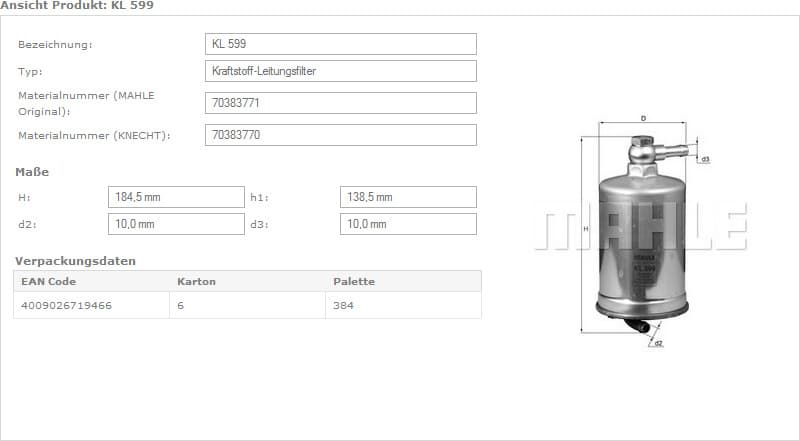 Filter diesel fuel KL599