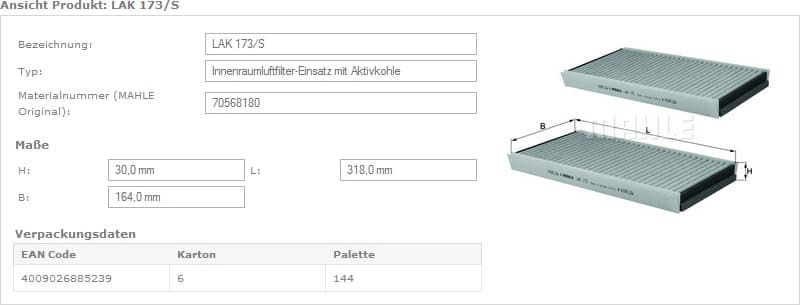 Filter, cabin air LAK173/S