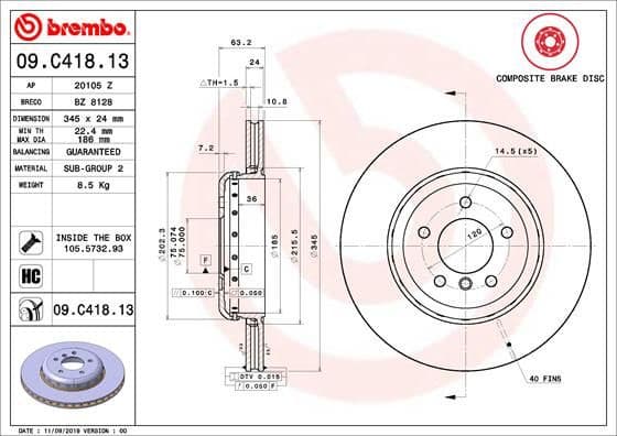 Brake disc, 1pcs REAR, Top Quality 09.C418.13