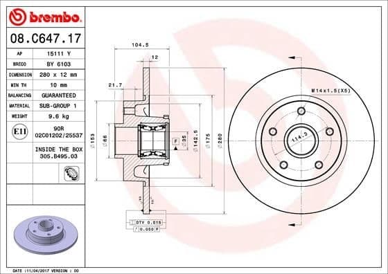 Brake Disc PRIME LINE - With Bearing Kit 08.C647.17