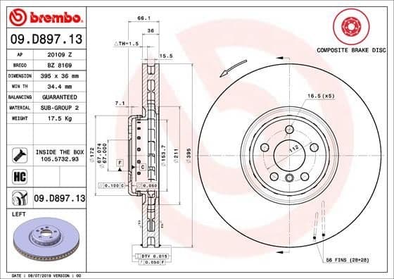 Brake disc, 1pcs FRONT, Top Quality 09.D897.13