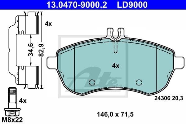 Brake Pad Set, disc brake ATE Ceramic 13.0470-9000.2