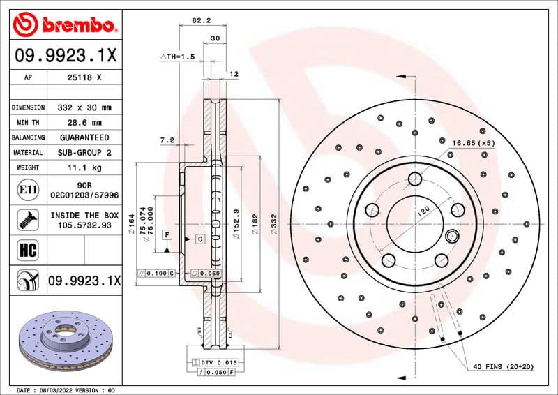 Brake disc, 1pcs FRONT, Top Quality 09.9923.1X
