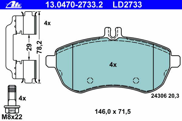 Brake Pad Set, disc brake ATE Ceramic 13.0470-2733.2
